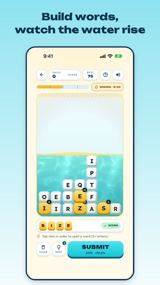 Overflow gameplay: a board of letter tiles in a tank with rising water